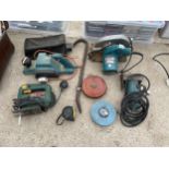 AN ASSORTMENT OF TOOLS TO INCLUDE A MAKITA CIRCULAR SAW, AN ELECTRIC PLANE AND A BOSCH JIGSAW ETC