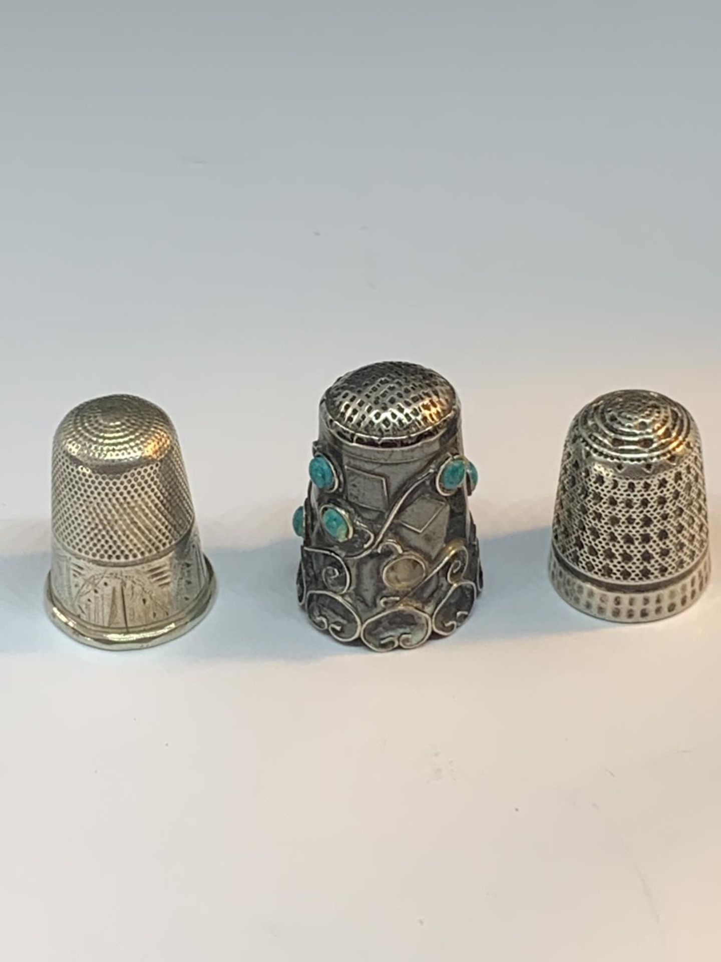 THREE THIMBLES ONE WITH DECORATIVE TURQUOISE STONES - Image 2 of 3