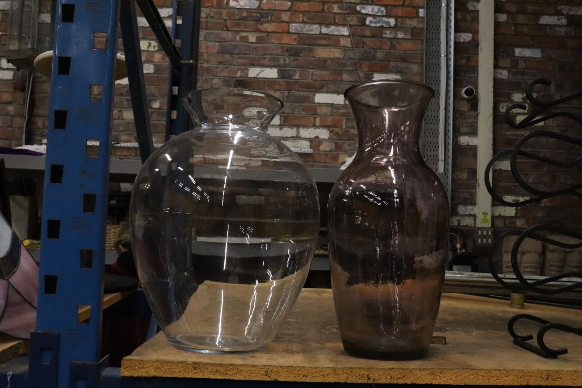 TWO LARGE GLASS VASES, 43CM AND 45CM