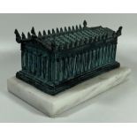 AN ORIENTAL, POSSIBLY TIBETAN, HEAVY BRONZE MODEL OF A GREEK TEMPLE, WITH VERDI GRIS PATINATION,