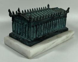 AN ORIENTAL, POSSIBLY TIBETAN, HEAVY BRONZE MODEL OF A GREEK TEMPLE, WITH VERDI GRIS PATINATION,