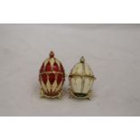 TWO DECORATIVE ENAMELLED EGG TRINKET BOXES ON STANDS