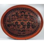 A VINTAGE CHINESE RED LACQUERED DRINKS TRAY WITH TEMPLE SCENE DESIGN, LENGTH 39CM