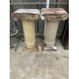 A PAIR OF DECORATIVE CARVED HARDWOOD ROMAN COLUMNS (H:92CM) ONE A/F