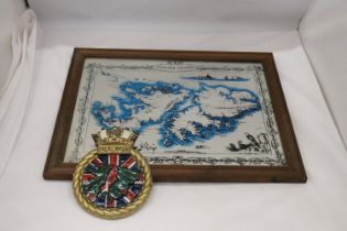 A FALKLANDS ISLANDS MIRROR MAP AND MILITARY WALL PLAQUE