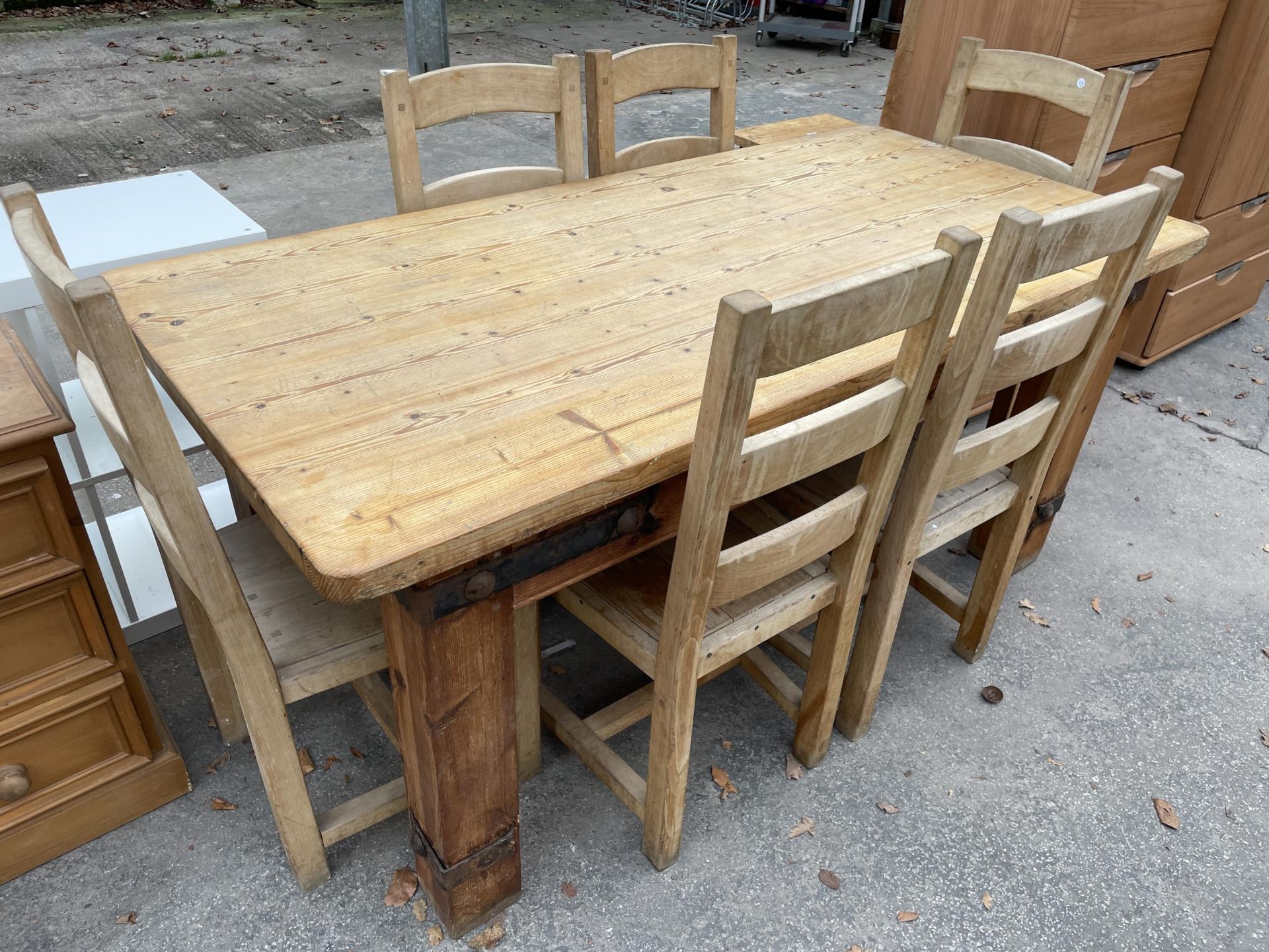 A PINE DINING TABLE, 72 X 35" WITH METAL STRAPS AND SIX CHAIRS - Image 2 of 7