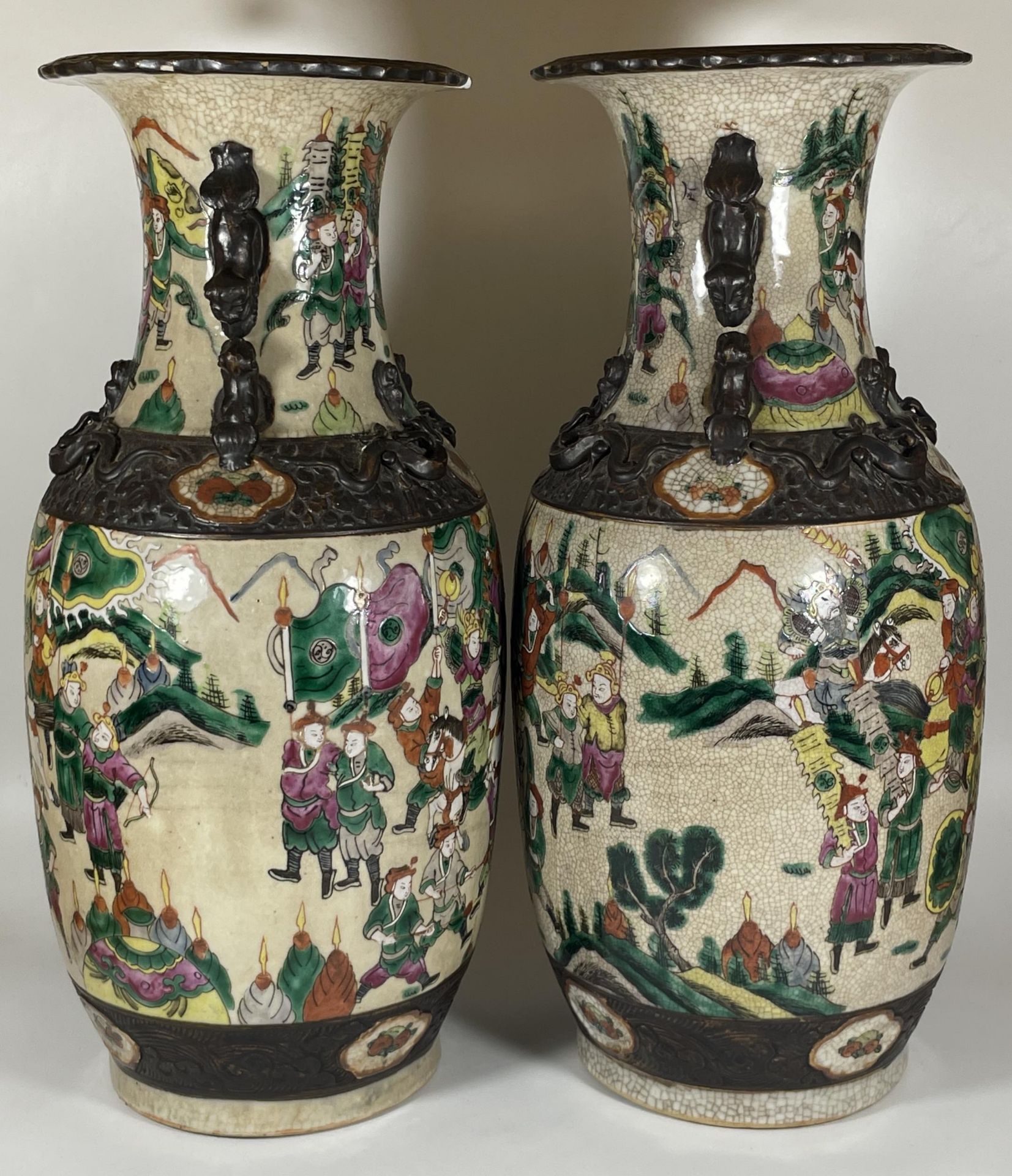 A HUGE PAIR OF CHINESE LATE 19TH / EARLY 20TH CENTURY CRACKLE GLAZE PORCELAIN VASES DEPICTING - Image 5 of 8