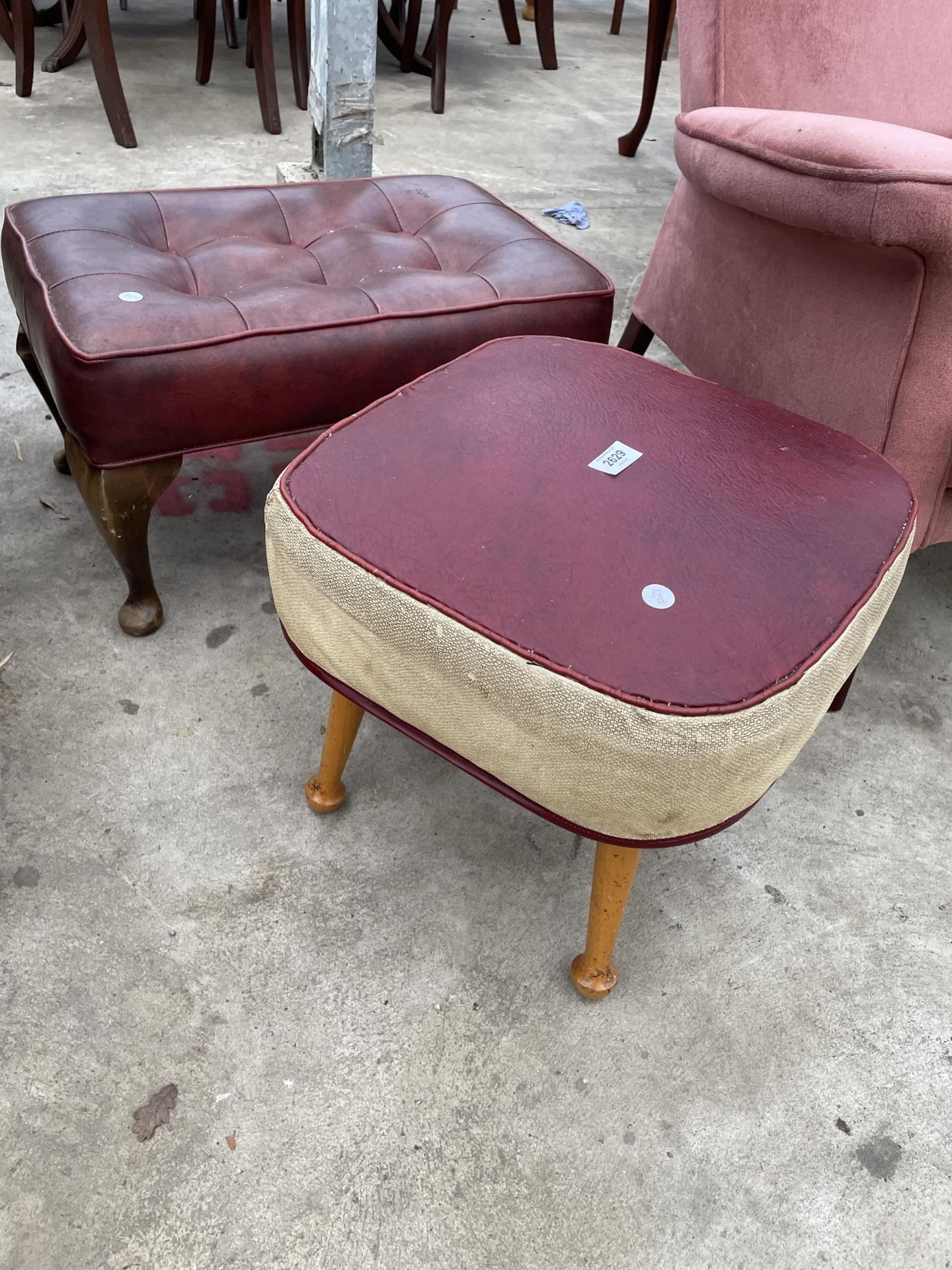 A FOOTSTOOL LABELLED 'THE SHERBORNE TELE-POUFFE' AND STOOL WITH CABRIOLE LEGS