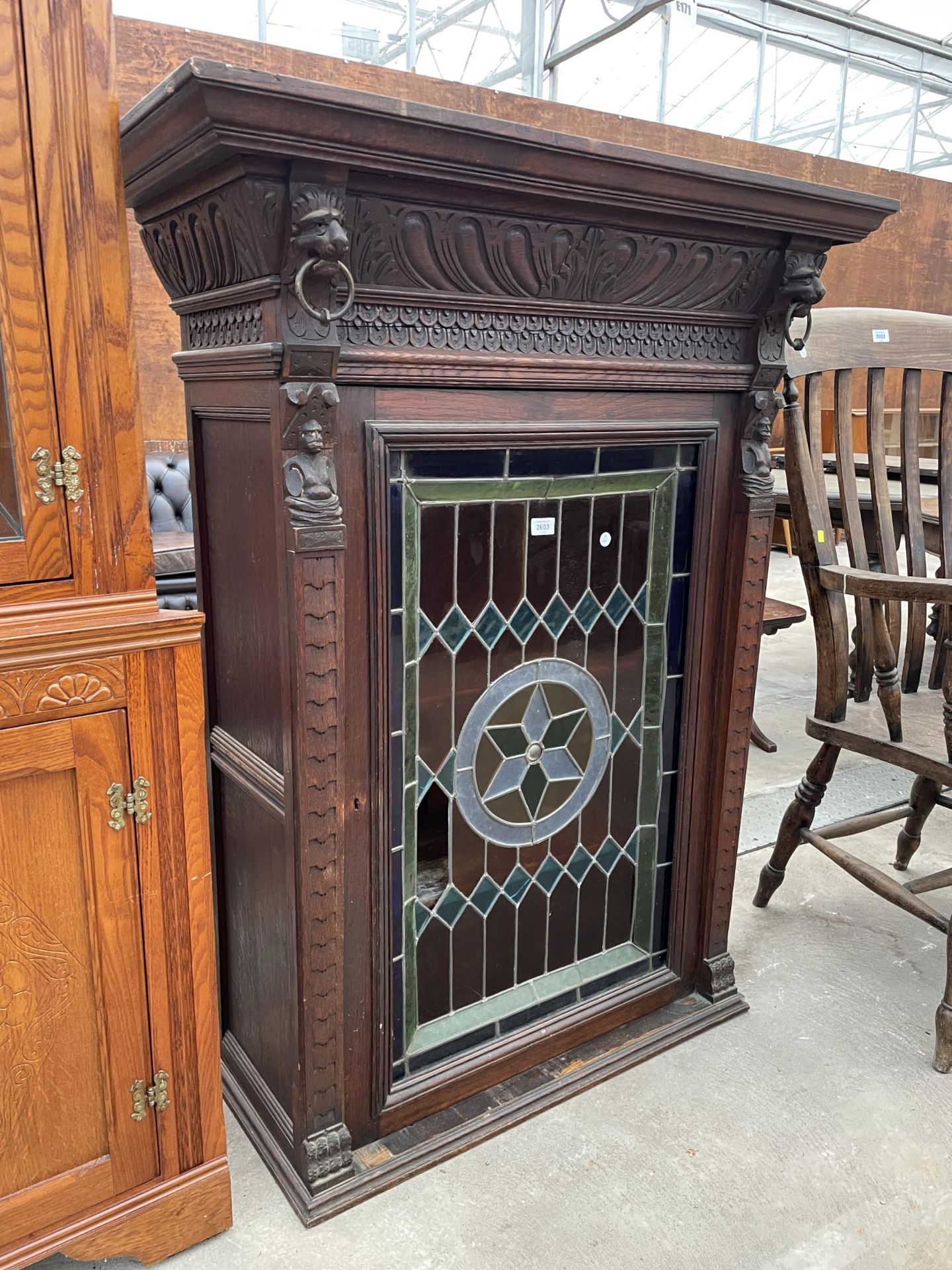 A VICTORIAN GOTHIC OAK CABINET WITH COLOURED GLASS AND LEADED DOOR, 38" WIDE - Bild 2 aus 7