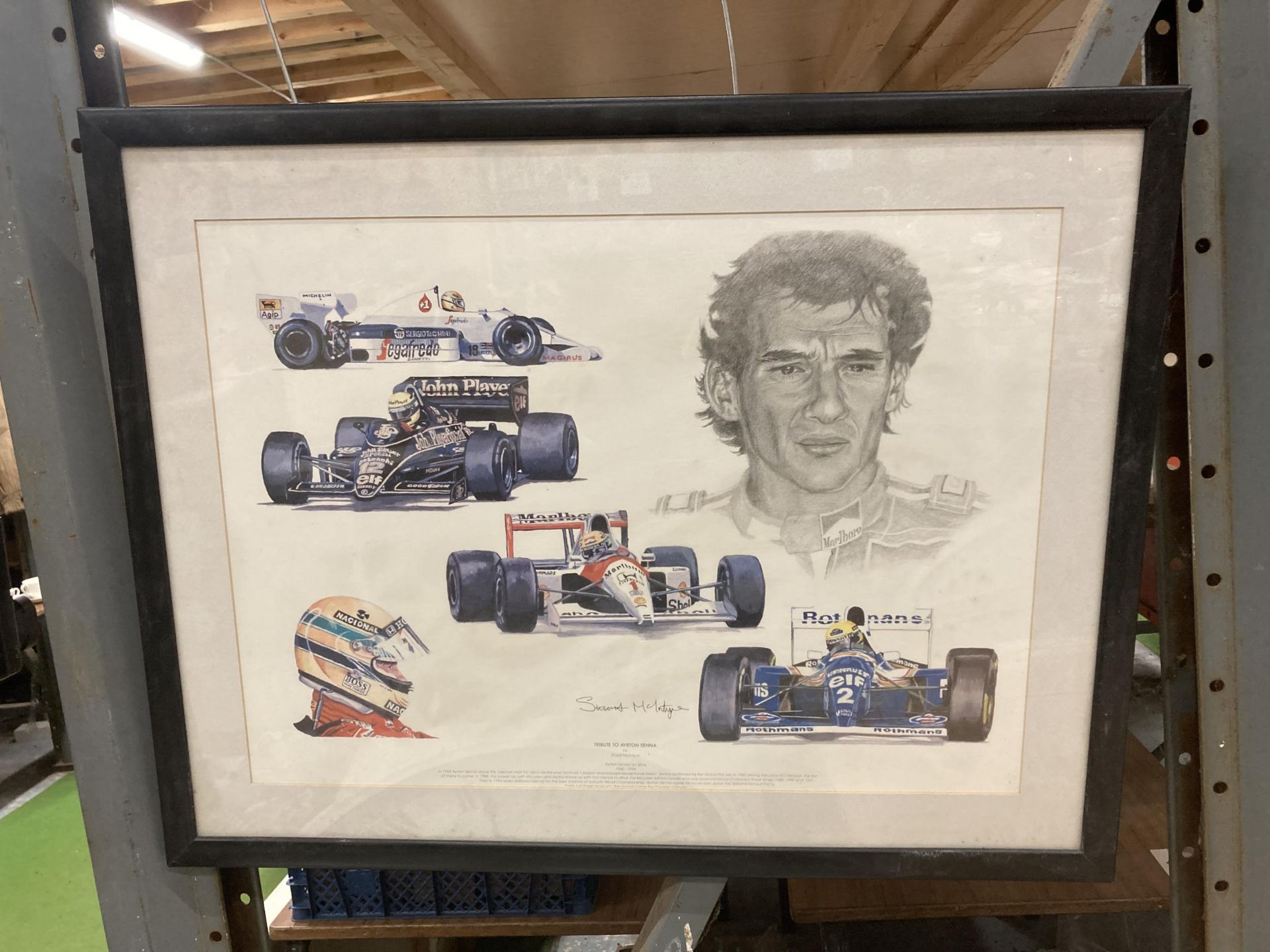 A FRAMED AND SIGNED TRIBUTE TO ARYTON SENNA BY STUART Mc INTYRE