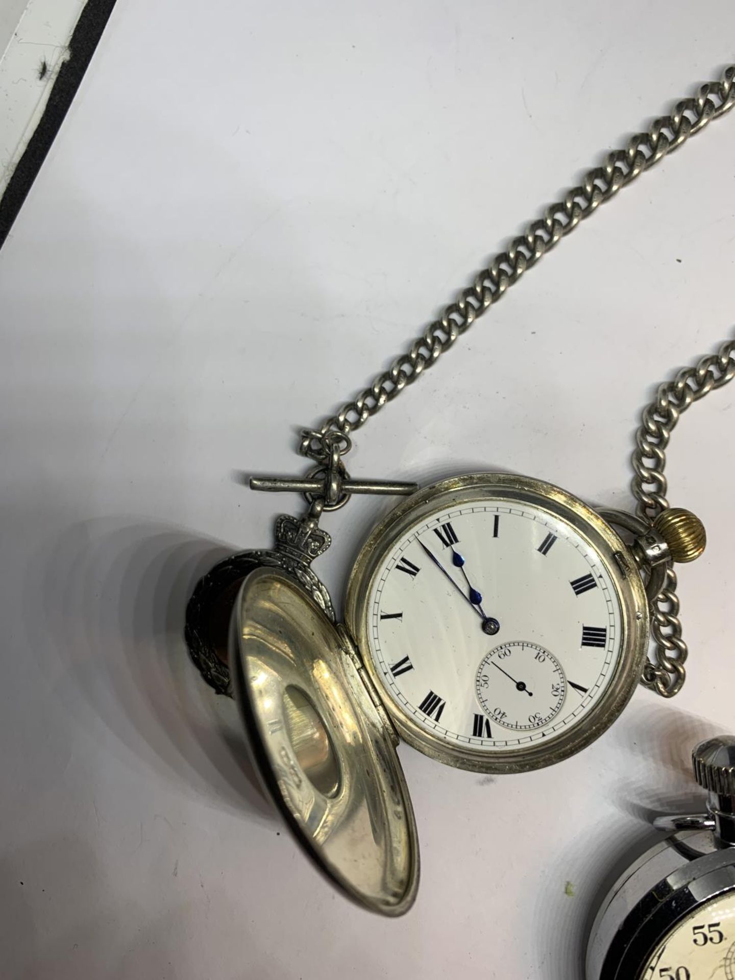 TWO ITEMS TO INCLUDE A HALLMARKED LONDON SILVER MILITARY POCKET WATCH WITH ENGRAVING, ON AN ALBERT - Image 3 of 9