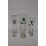 THREE LARGE GLASS BITBURGER PILS AND KROMBACHER GLASS 'ALE' BOOTS, TALLEST 34CM