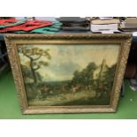 A FRAMED OIL ON BOARD OF A HUNTING SCENE