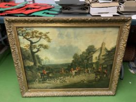 A FRAMED OIL ON BOARD OF A HUNTING SCENE