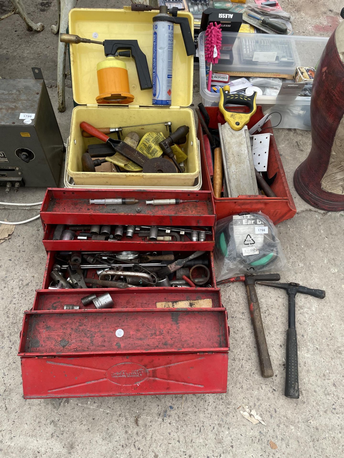 THREE TOOLBOXES AND CONTENTS TO INCLUDE SOCKET SETS, FILES, HAMMERS, ETC