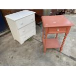 A PAINTED BARLEYTWIST SIDE TABLE WITH DRAWER AND PAINTED CHEST OF THREE DRAWERS