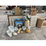 A LARGE ASSORTMENT OF ITEMS TO INCLUDE PRINTS, CERAMICS AND A WINE STORAGE BOX ETC