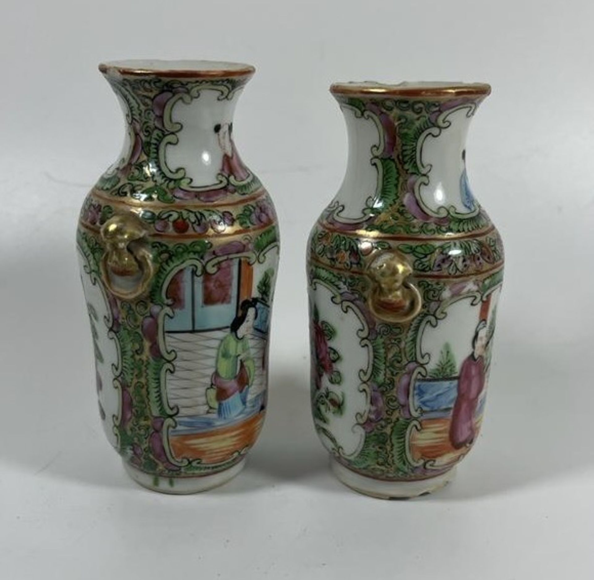 A PAIR OF 19TH CENTURY CHINESE CANTON FAMILLE ROSE MINIATURE VASES WITH FIGURAL DESIGN, HEIGHT 12. - Image 4 of 7