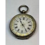 A MARKED 935 SILVER FOB WATCH WITH DECORATIVE ENAMEL FACE