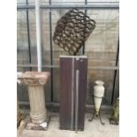 A CONTEMPORARY METAL GARDEN CUBE SCULPTURE WITH WOODEN AND COPPER PANELLED BASE (H:190CM)