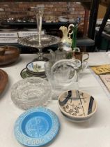 A MIXED LOT TO INCLUDE A PART ORIENTAL TEASET, GLASSWARE, COPPER TANKARD, ETC.,