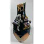 AN UNUSUAL JAPANESE STONEWARE VASE WITH RELIEF MOULDED MONKEY AND TOAD / FROG DESIGN, SIGNED, HEIGHT