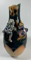 AN UNUSUAL JAPANESE STONEWARE VASE WITH RELIEF MOULDED MONKEY AND TOAD / FROG DESIGN, SIGNED, HEIGHT
