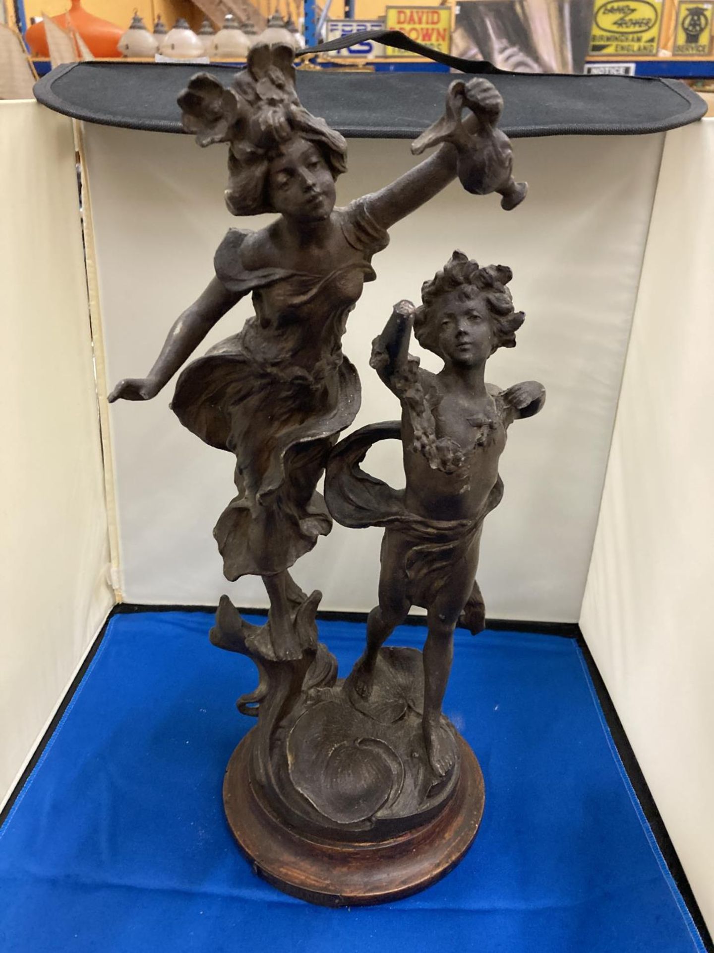 A VINTAGE TALL HEAVY FRENCH SPELTER FIGURE 'BACCHANALE', HEIGHT 41CM