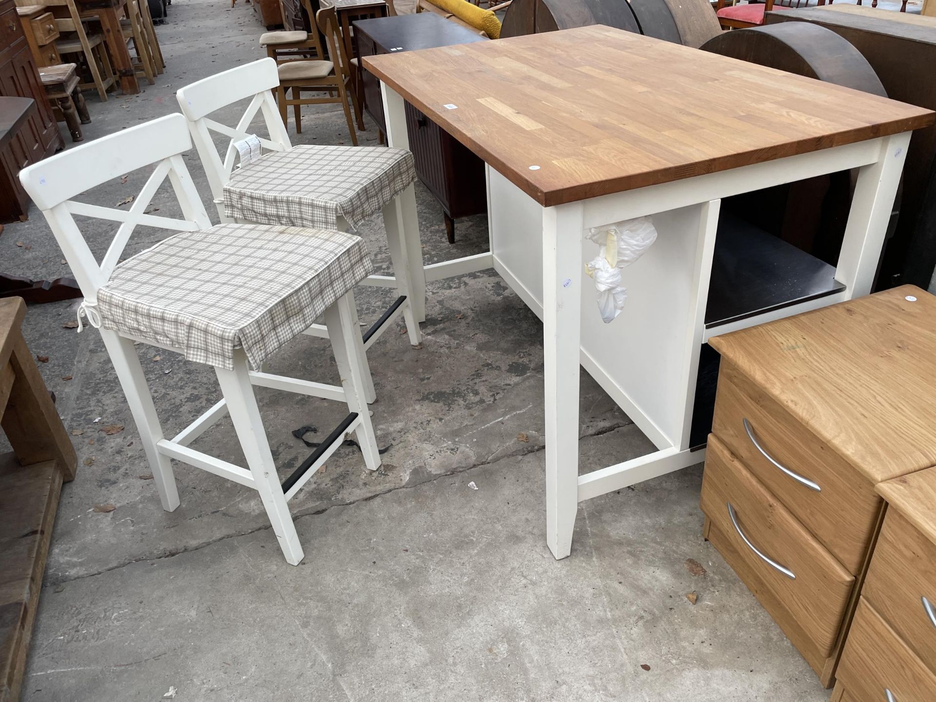 AN IKEA ELSEBET KITCHEN HIGH TABLE WITH WOODBLOCK TOP, 50 X 31", TWO METAL SHELVES AND A PAIR OF - Image 3 of 6