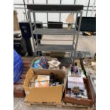 AN ASSORTMENT OF HOUSEHOLD CLEARANCE ITEMS TO INCLUDE BOOKS AND A SHELVING UNIT ETC
