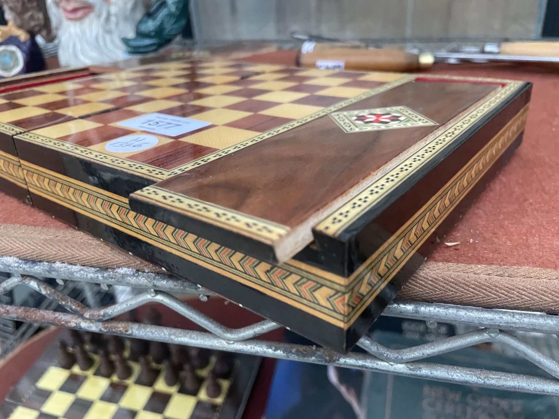 A VINTAGE WOODEN FOLDING TRAVEL CHESS BOARD AND CHESS PIECES - Image 5 of 6