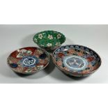 THREE 19TH CENTURY JAPANESE MEIJI PERIOD DISHES TO INCLUDE GREEN ENAMEL AND GEOMETRIC DESIGN