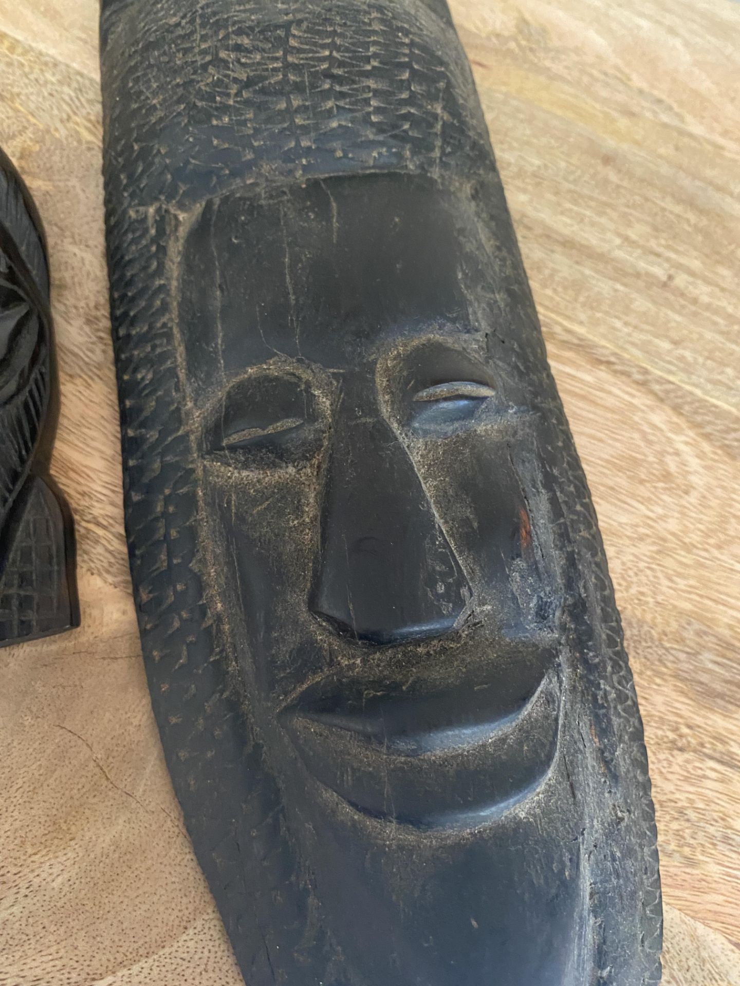 TWO VINTAGE 20TH CENTURY HEAVY AFRICAN TRIBAL WOODEN MASKS, SMALLER ONE WITH EXPORT LABEL TO - Image 4 of 6