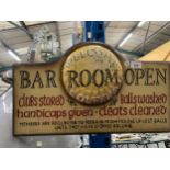 A WELCOME GOLFERS BAR ROOM OPEN WOODEN SIGN