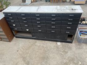 A VINTAGE 27 DRAWER HABERDASHERY CABINET WITH 25 SHORT DRAWERS AND TWO BOTTOM SLIDING DRAWERS,