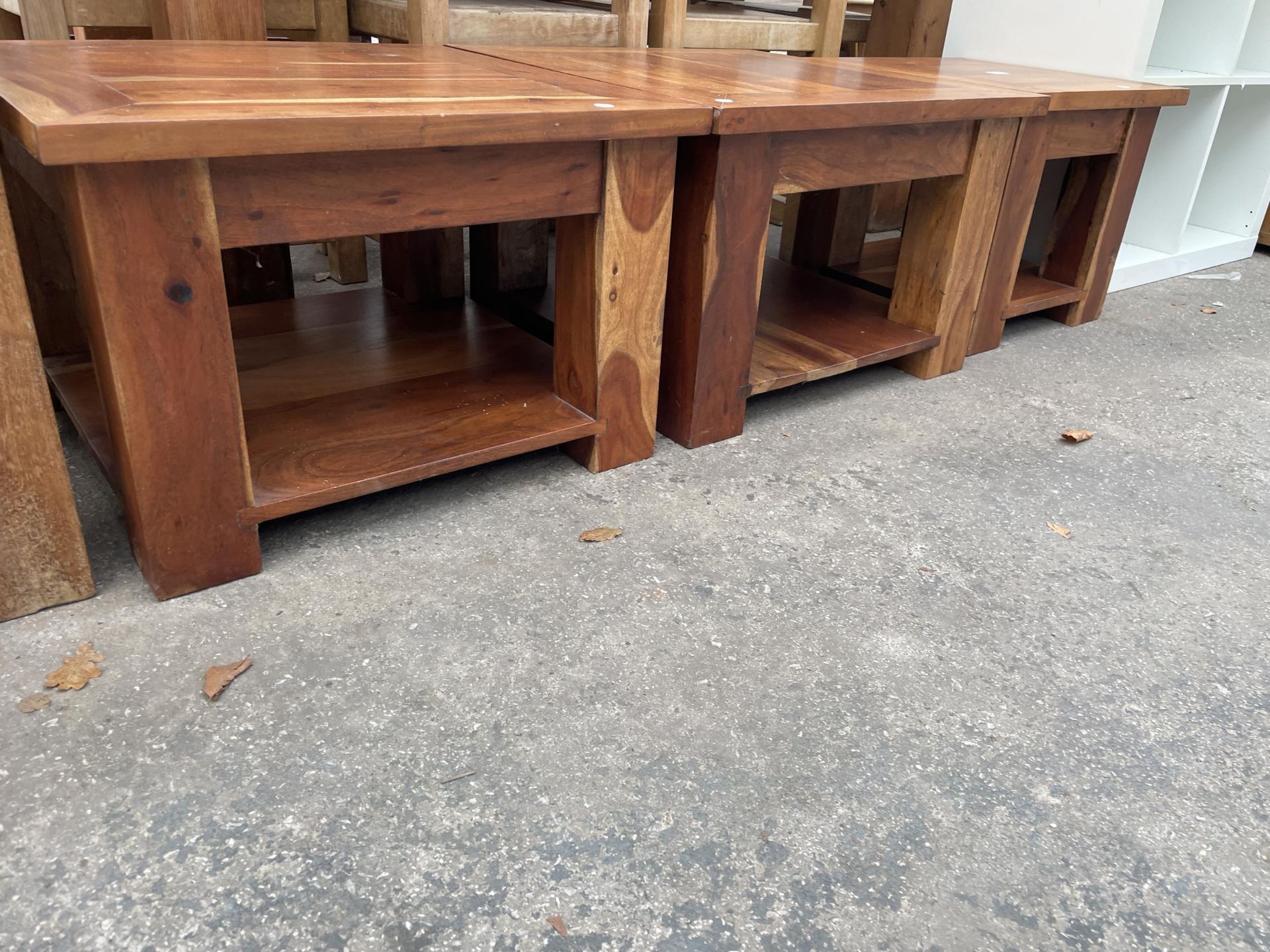 A PAIR OF HARDWOOD LAMP TABLES, 24" SQUARE EACH AND A SMALLER TABLE 18" SQUARE - Image 2 of 3
