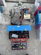 AN ASSORTMENT OF TOOLS TO INCLUDE A SOCKET SET AND A BLACK AND DECKER ELECTRIC SANDER ETC
