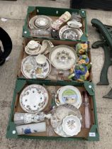 THREE BOXES OF CERAMICS AND GLASS VASES TO INCLUDE COLLECTORS PLATES, ETC