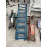 FOUR ITEMS TO INCLUDE TWO TROLLEY JACKS AND A PAIR OF CAR RAMPS