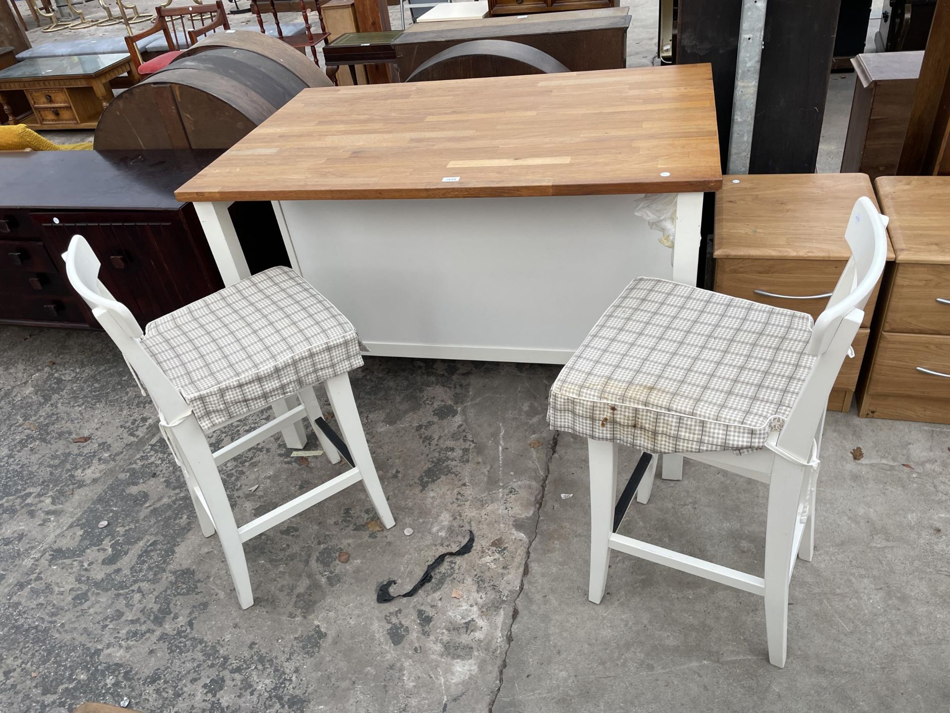 AN IKEA ELSEBET KITCHEN HIGH TABLE WITH WOODBLOCK TOP, 50 X 31", TWO METAL SHELVES AND A PAIR OF - Image 2 of 6