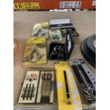 A MIXED LOT TO INCLUDE DARTS, MANICURE SET, SPIRAL PEN, MICRO PLIERS, ETC.,