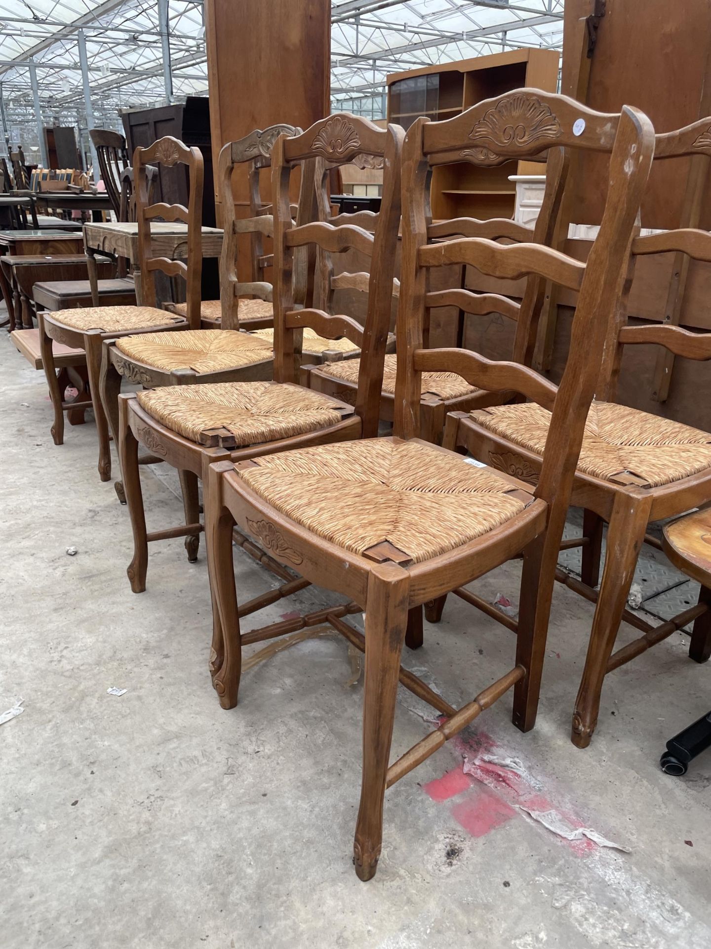 A SET OF EIGHT FRENCH LADDERBACK DINING CHAIRS WITH RUSH SEATS - Image 2 of 4