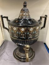 A VICTORIAN JACKFIELD TEA URN - A/F HAS CHIP TO THE BASE, HEIGHT 34CM