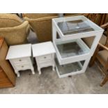 A PAIR OF 20" SQUARE CUBE TABLES WITH GLASS TOPS AND A PAIR OF BEDSIDE TABLES