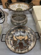 A SILVERPLATE ROSEBOWL TOGETHER WITH TWIN HANDLED SILVERPLATE BOWL AND A PORCELAIN AND METAL