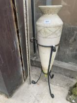 A DECORATIVE POT GARDEN URN WITH METAL TRIPOD STAND (H:76CM)