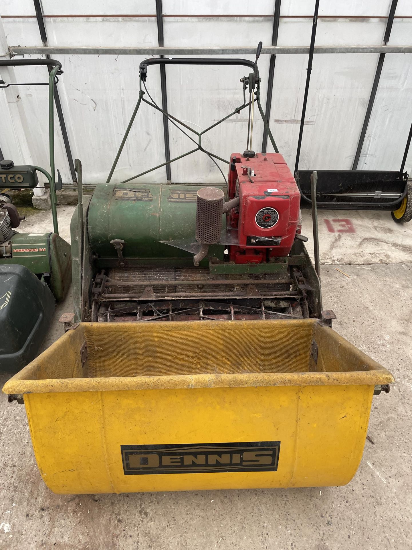 A LARGE DENNIS CYLINDER MOWER WITH GRASS BOX