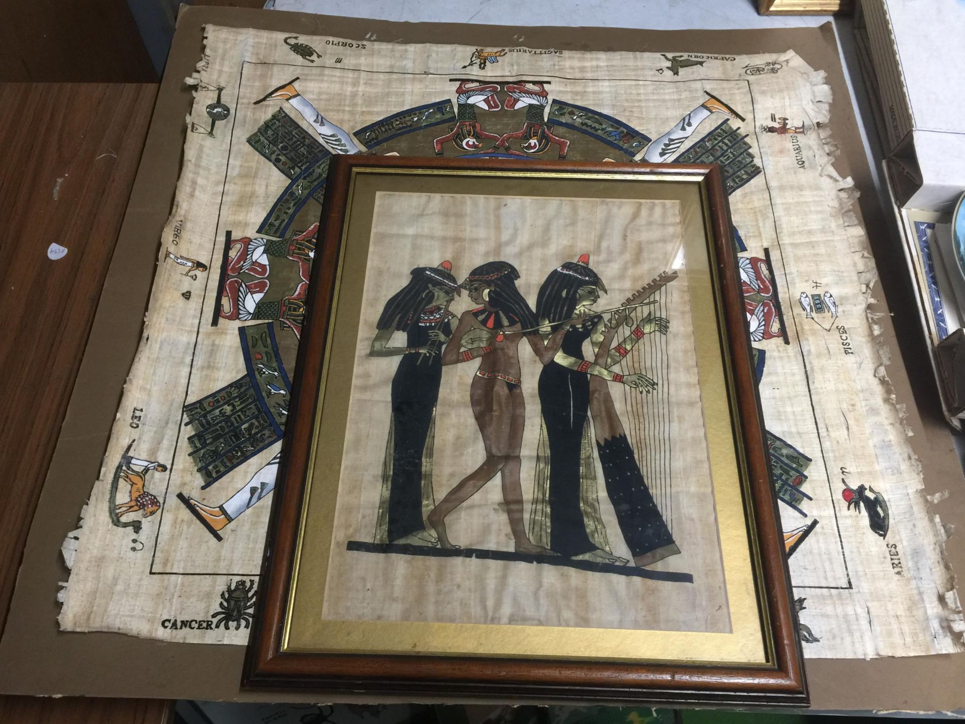 TWO ITEMS OF EGYPTIAN SYTLE PAPYRUS ART ONE FRAMED