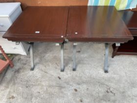 A PAIR OF HARDWOOD LAMP TABLES, 28 X 24" EACH, ON METALWARE X-FRAMES