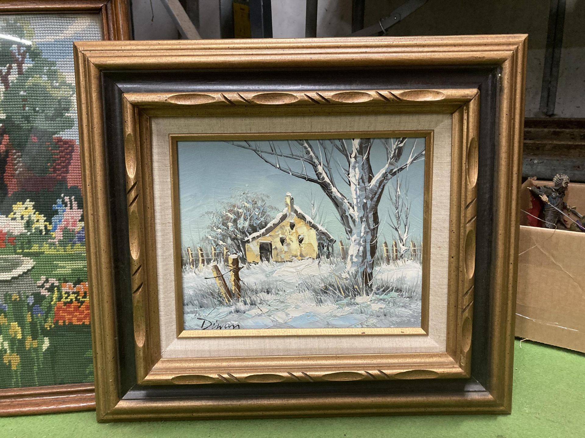 A LARGE FRAMED TAPESTRY OF A COUNTRY GARDEN SCENE TOGETHER WITH AN OIL ON BOARD WINTER SCENE AND - Bild 2 aus 4
